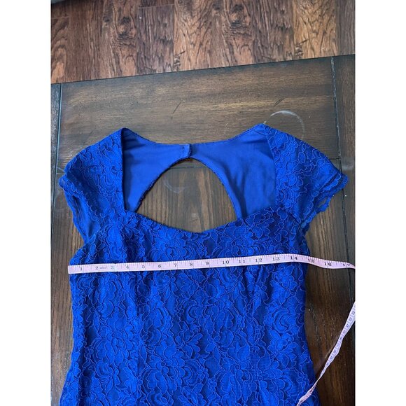 Lauren Ralph Lauren Evening Blue Lace Lined Mini Dress Date Fit Flair Open Back - Picture 8 of 13